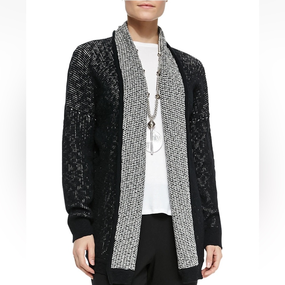 EILEEN FISHER SHAWL COLLAR LONG CARDIGAN ORGANIC COTTON NUBBLE BLACK SIZE M
